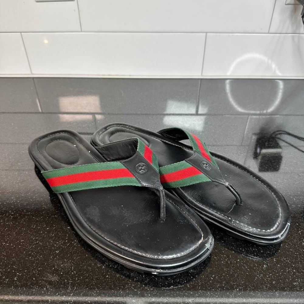 Luxury Gucci Leather Sandals Flip-Flops Black Men US 12